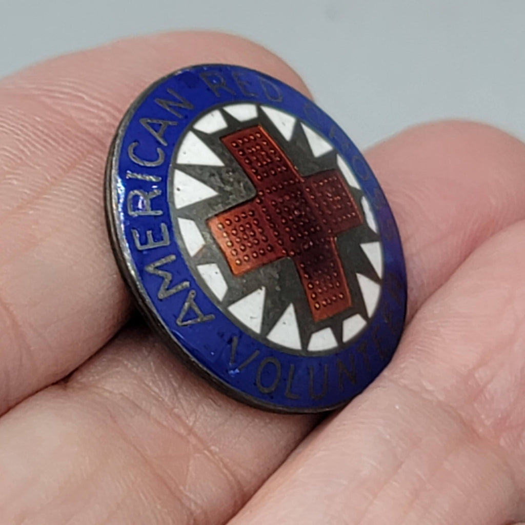 Vintage American Red Cross Award Sterling Silver Enamel Pin Brooch Volunteer