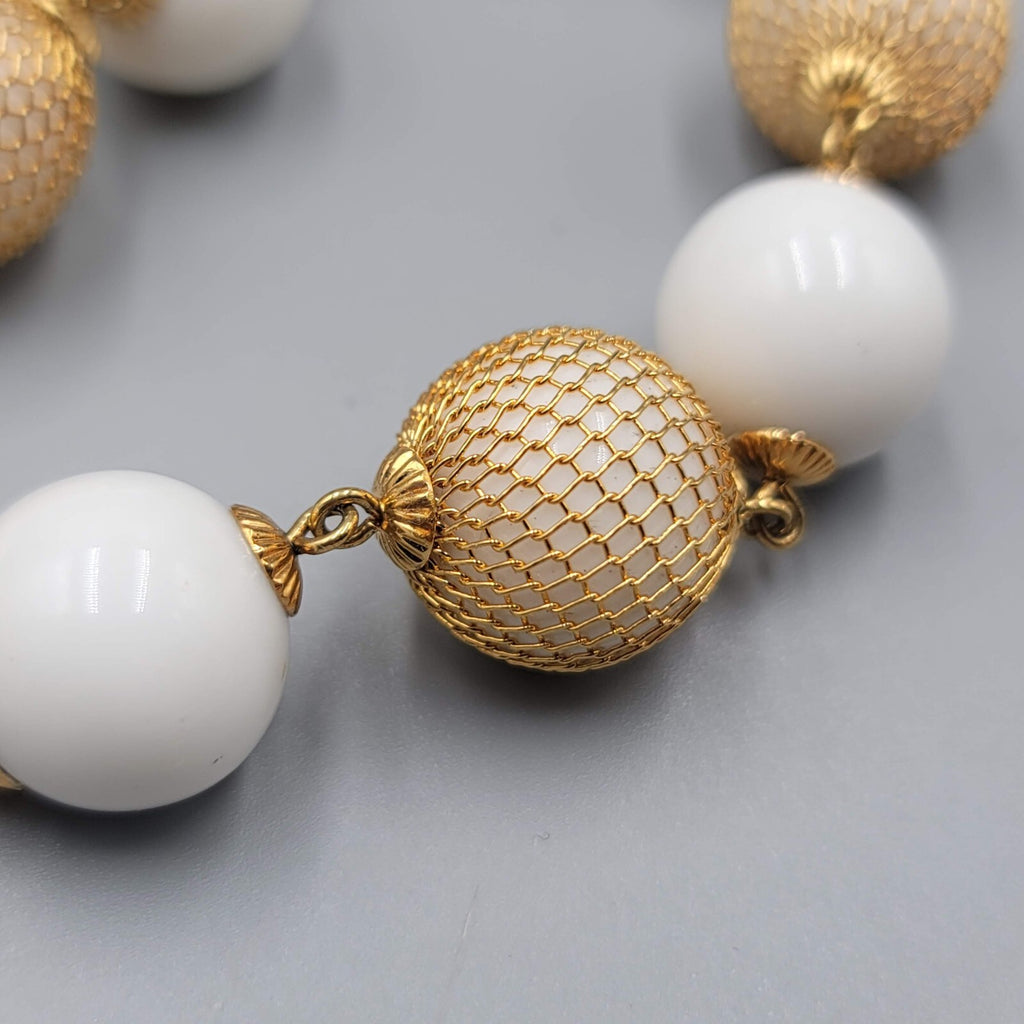 Vintage Bead Necklace White Bead Gold tone Wire Caged Beads 22"-24"