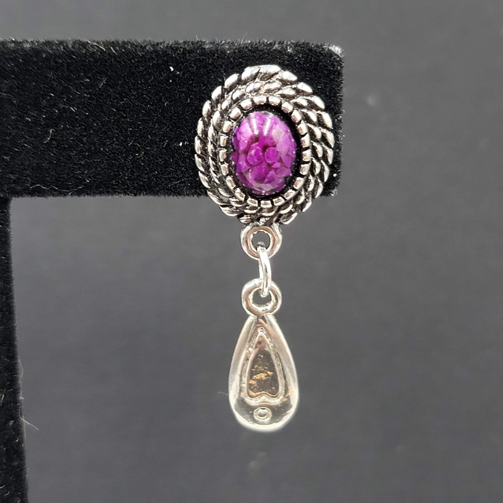 Vintage Pierced Earrings Silver tone Dangle Purple Cabochon 1.25"