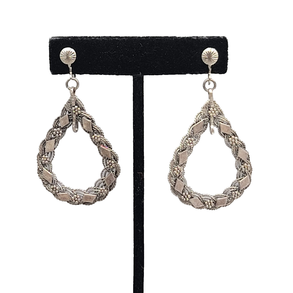 Vintage Open Teardrop Embossed Clip on Earrings Silver tone Dangle 2 in