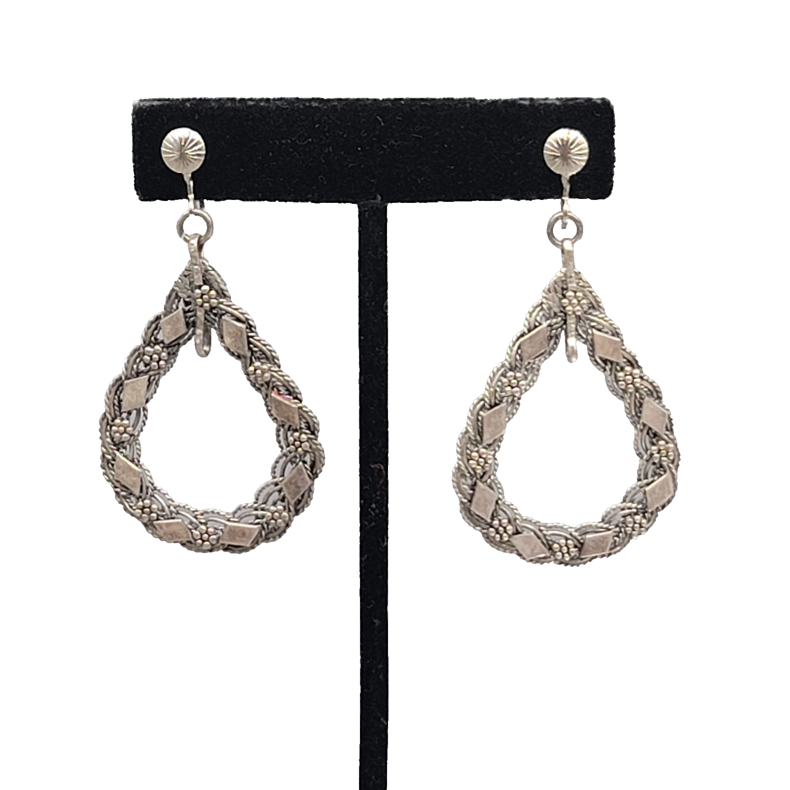 Vintage Open Teardrop Embossed Clip on Earrings Silver tone Dangle 2 in