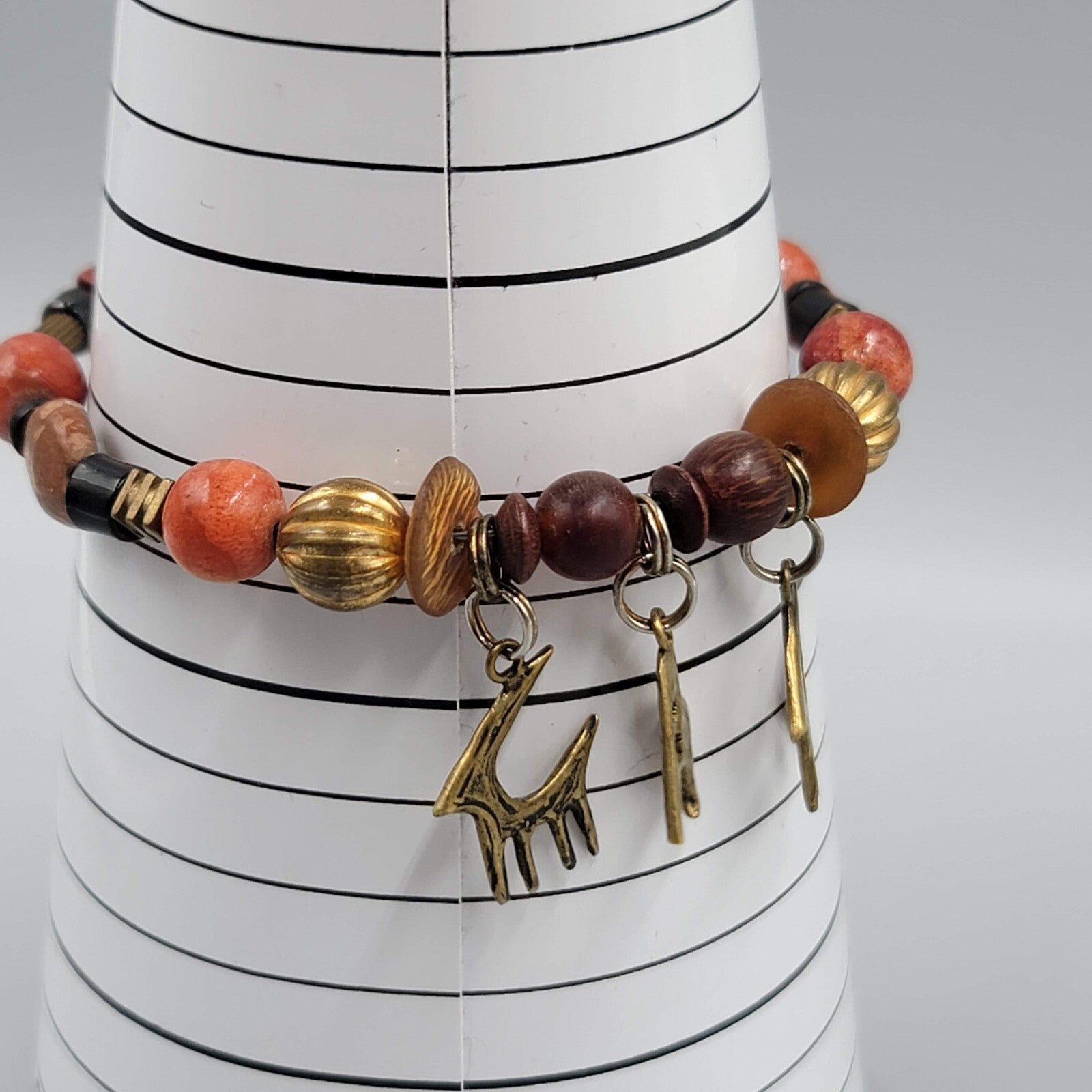 Stone Brass Animal Charm Bracelet Memory Wire Brown Orange
