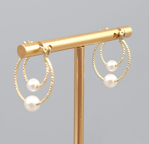 Double Hoops Pierced Earrings Gold tone Faux Pearl Bead 1"