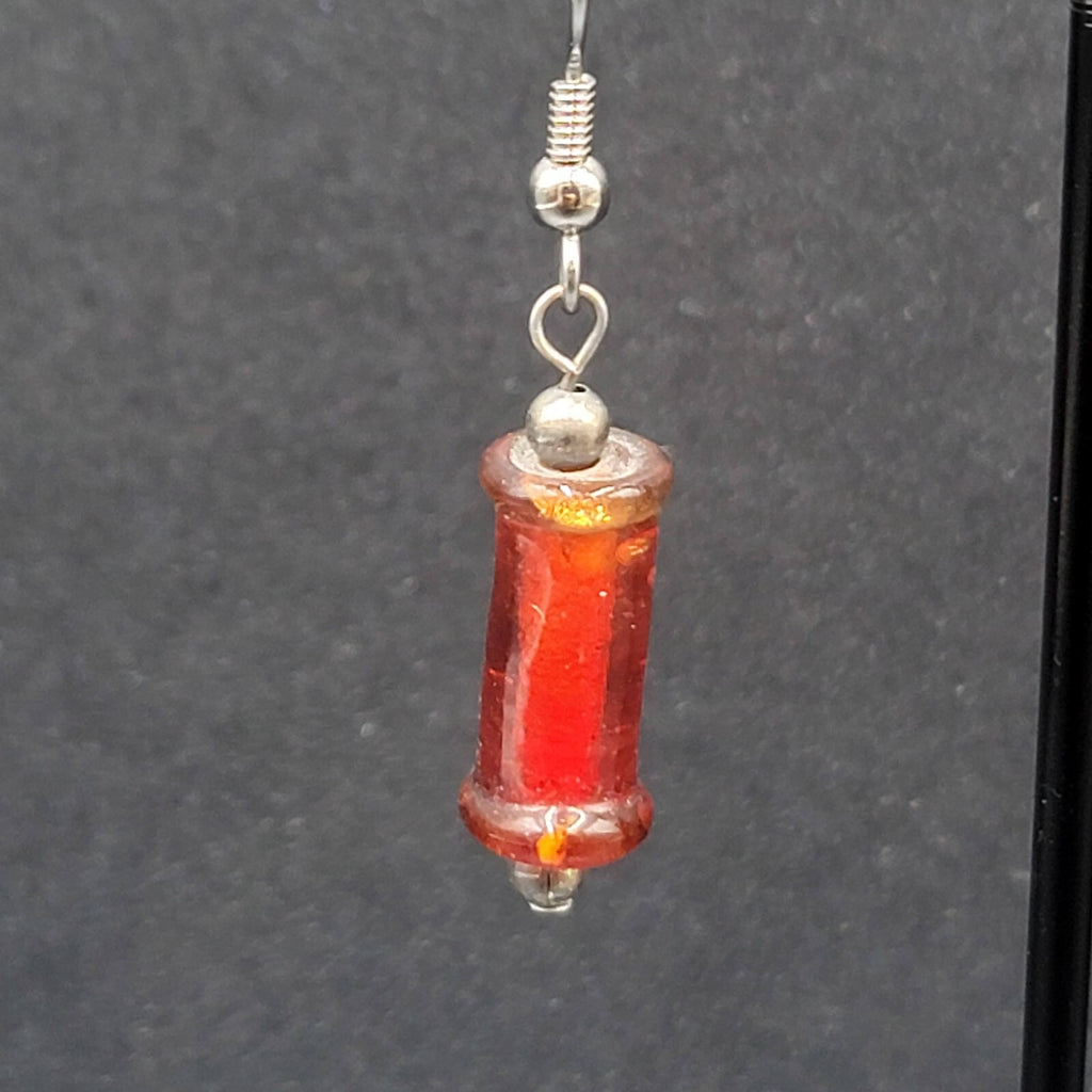 Pierced Earrings Red Cylinder Glass Bead Silver tone Dangle 1"