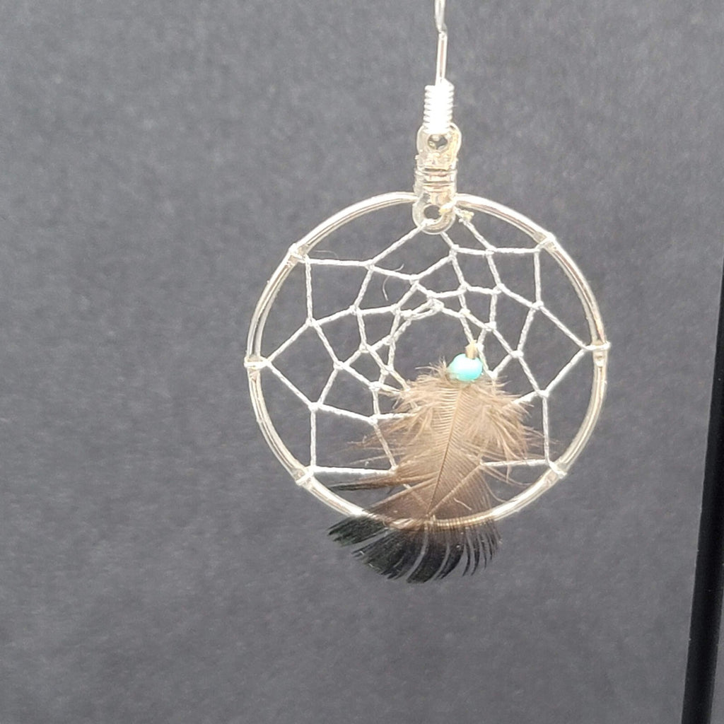 Vintage Pierced Earrings Silver tone Dreamcatcher Real Feather  1.5"