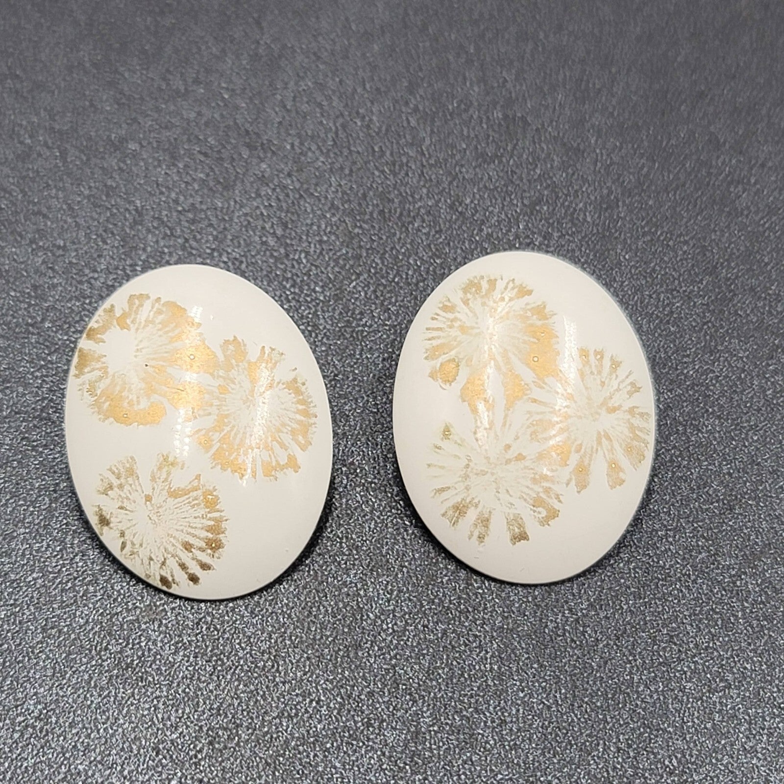 Vintage Pierced Earrings White Enamel over Metal Oval Gold Flowers Drop 1 3/8"