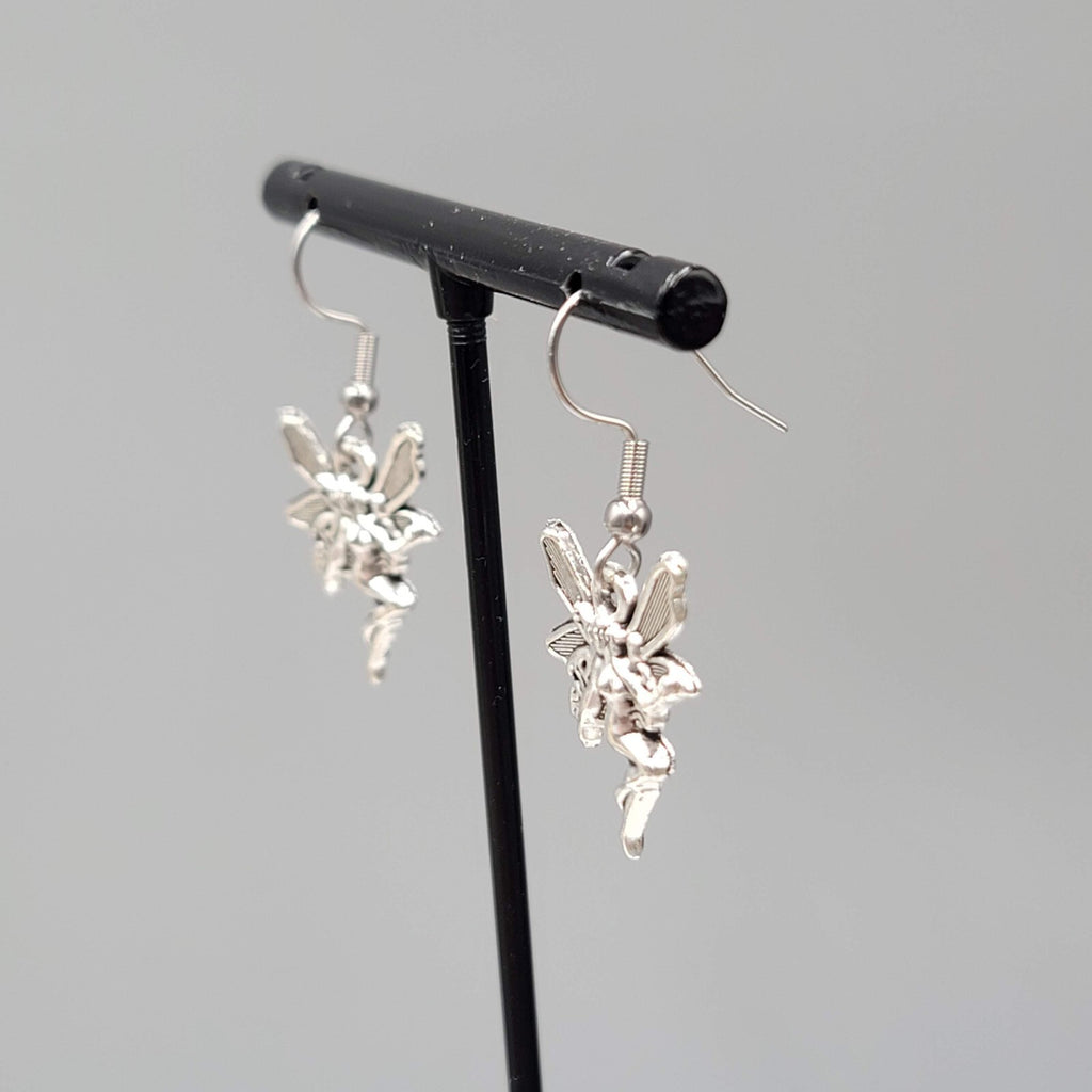 Fairy Pierced Earrings Embossed Silver tone Dangle 3/4"