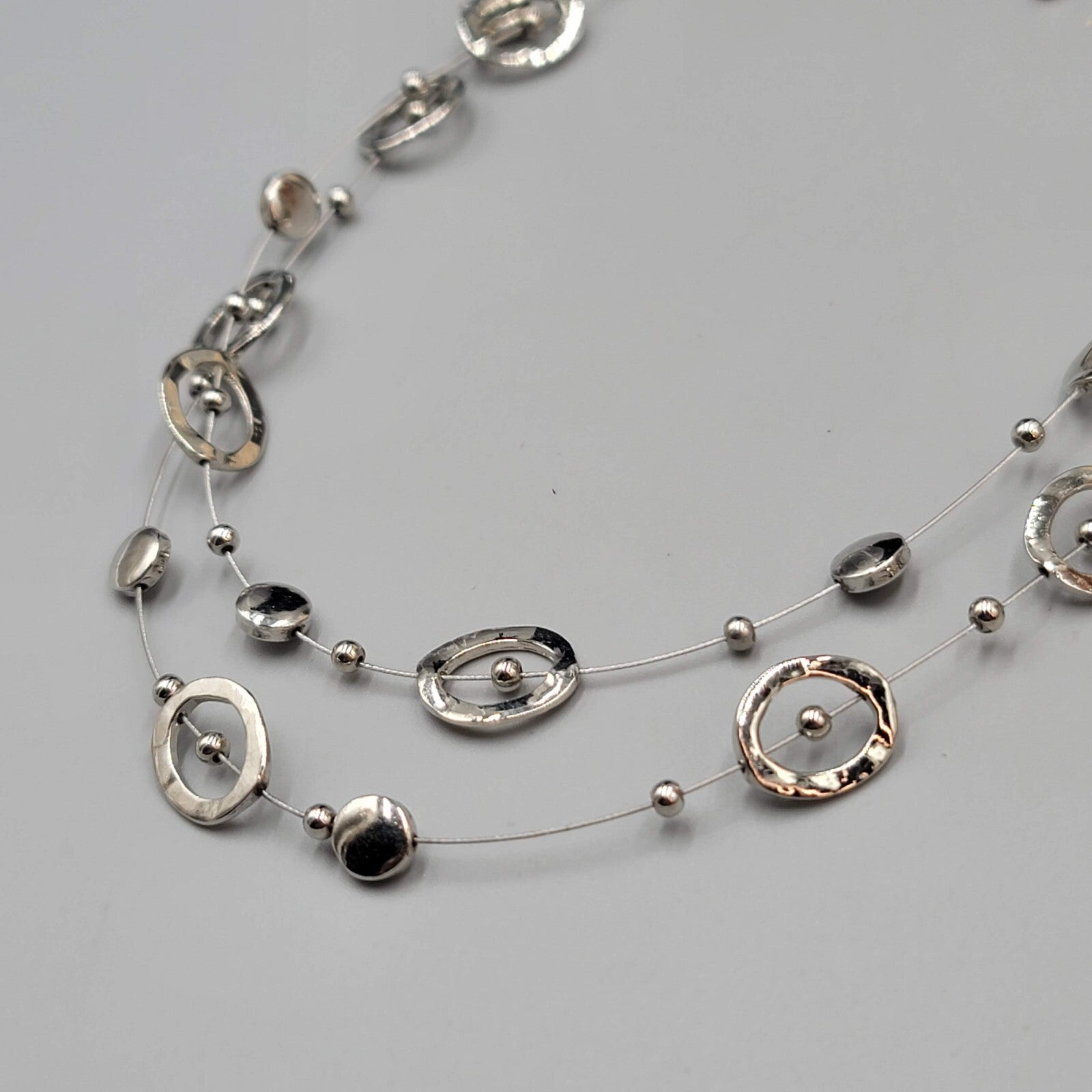 Double Chain Silver tone Necklace Station Bead 18"+