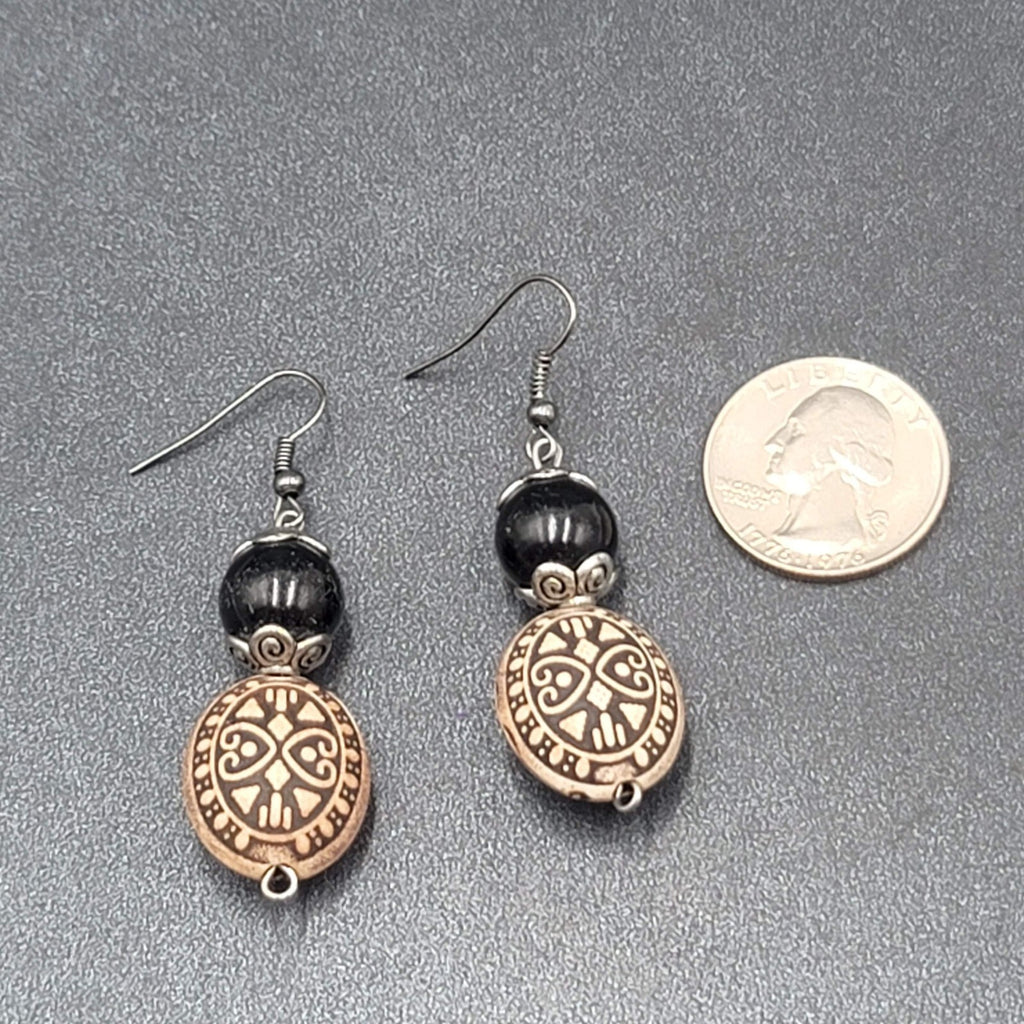 Pierced Earrings Silver tone Black Ornate Beaded Dangle 1.5"