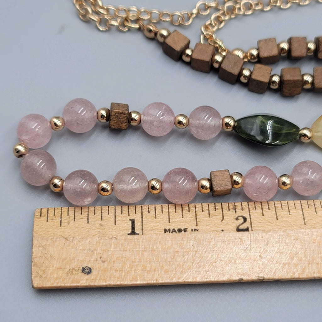Long Stone Glass Bead Necklace Gold tone Multicolor 34-37"
