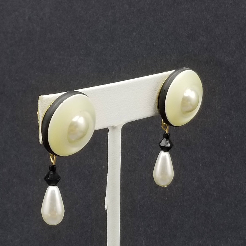 Pierced Earrings Gold tone Mother of Pearl Bead Button Style Dangle 1 5/8"