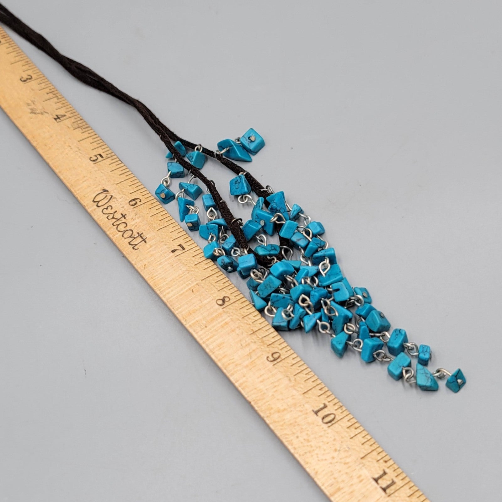 Blue Howlite Stone Chip Beads Waterfall Necklace Brown Suede Leather 16"-20"