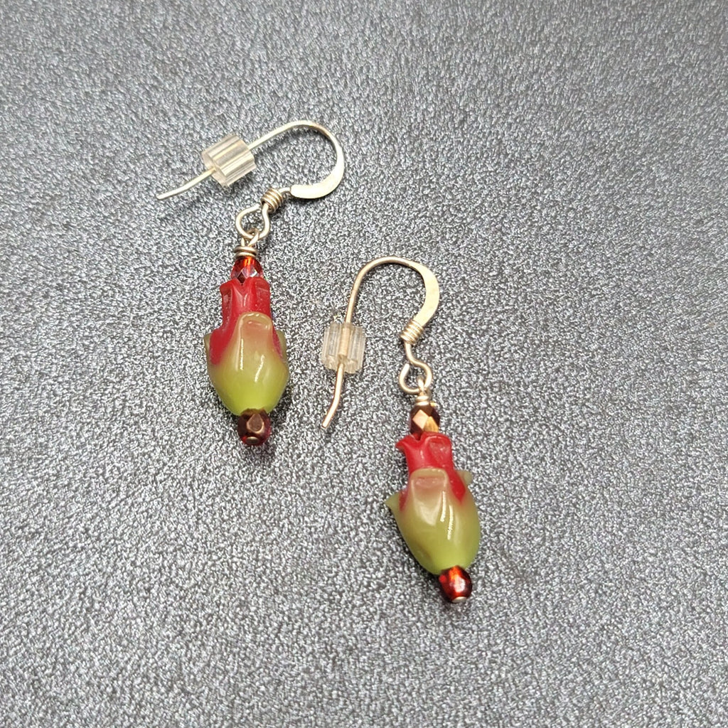 Sterling Silver Pierced Earrings Red Green Glass Tulip Flower Dangle 3/4" 925