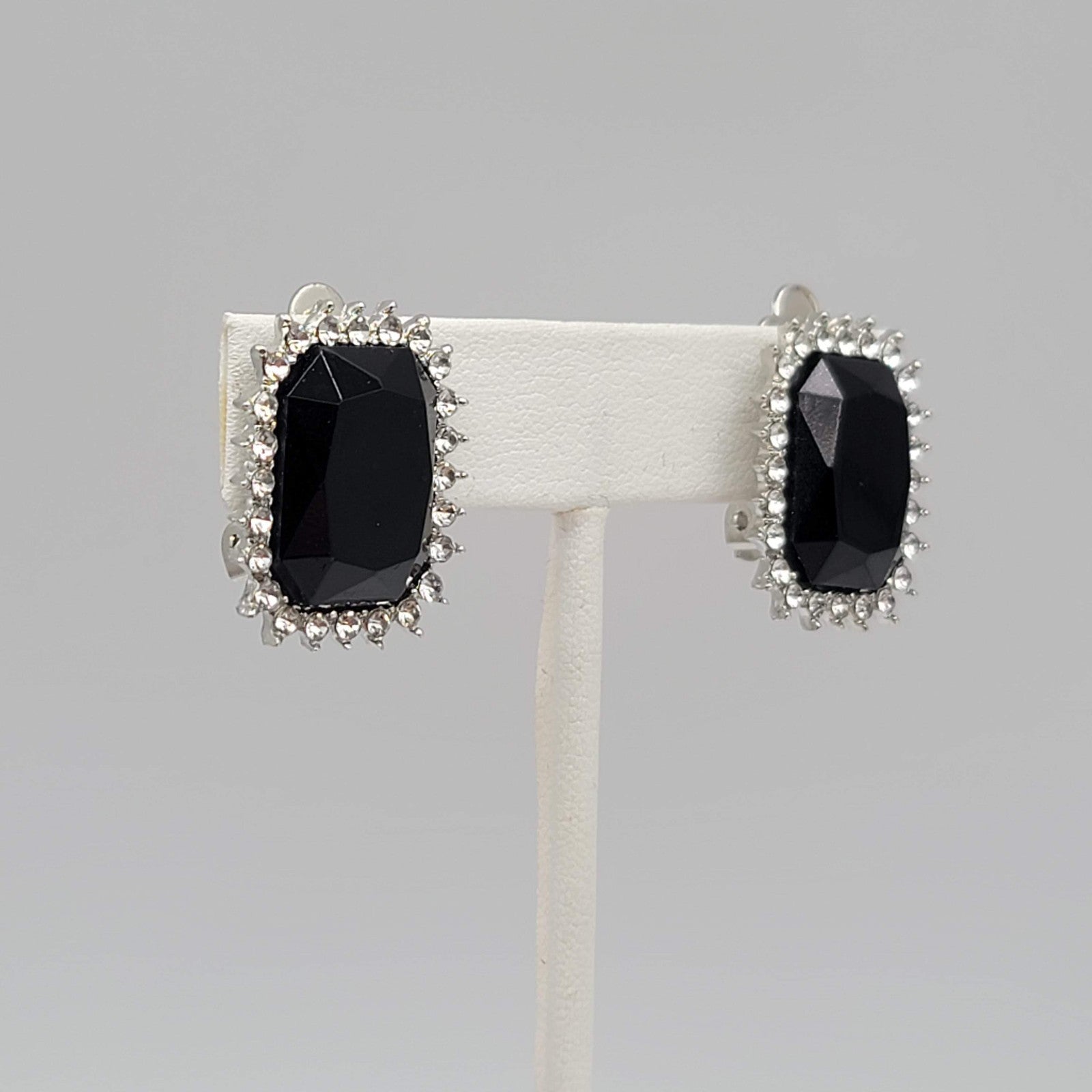 Vintage Faceted Black Glass Clip on Earrings Silver tone 1 in