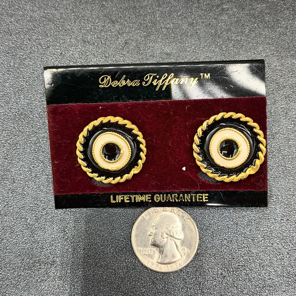 Vintage Pierced Earrings Blue White Enamel Gold tone Button Stud 1"