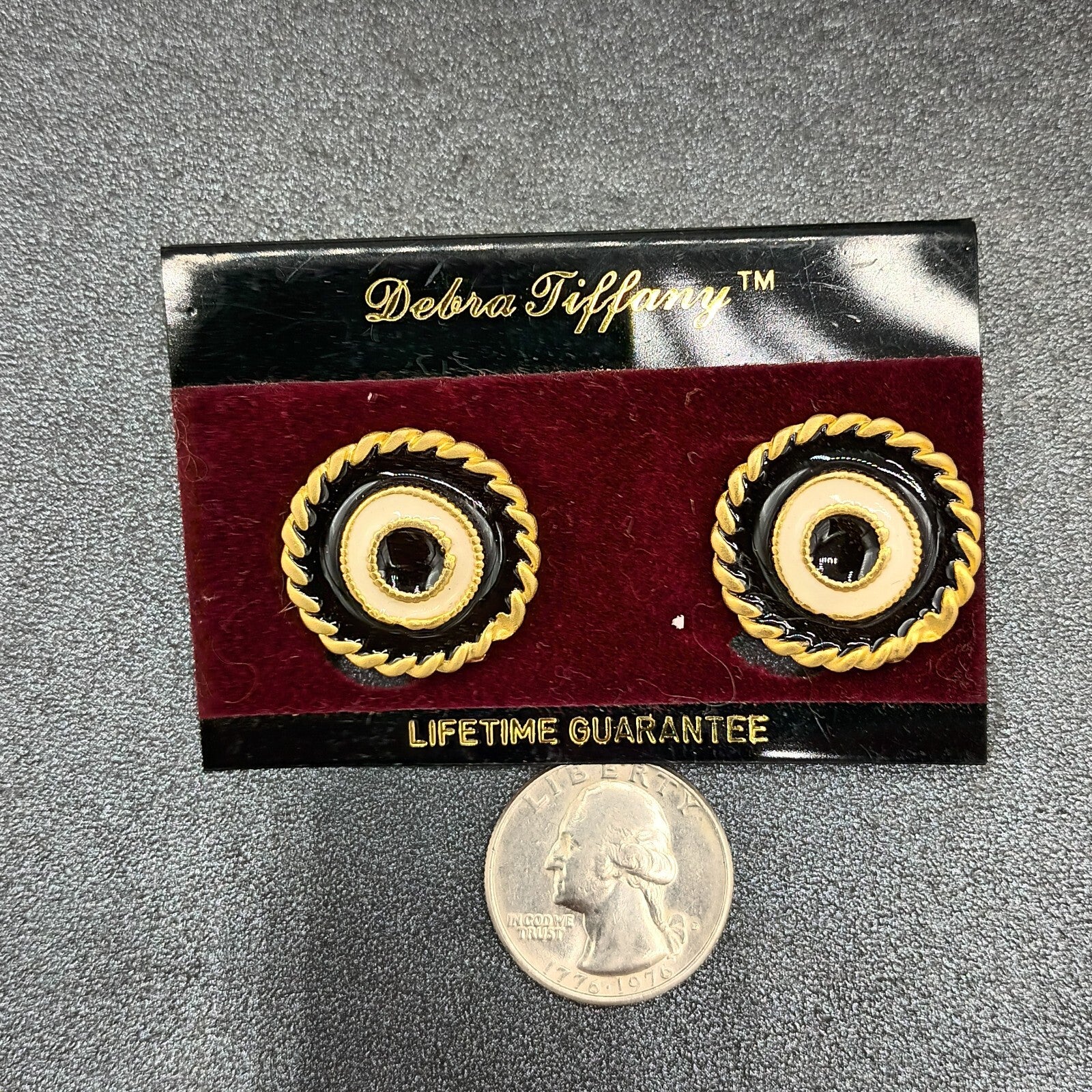 Vintage Pierced Earrings Blue White Enamel Gold tone Button Stud 1"