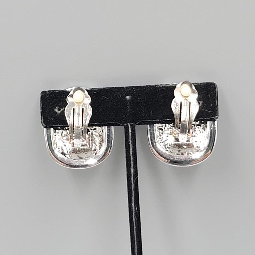 Vintage Large Statement Clip on Earrings Silver Plated Black Enamel Drop 1 1/8"