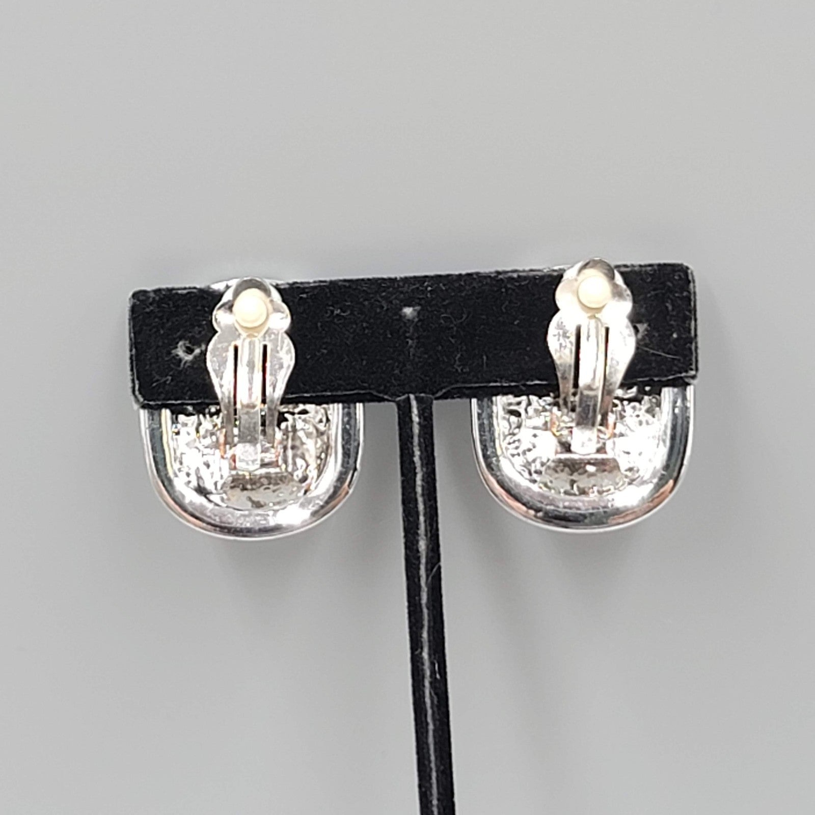 Vintage Large Statement Clip on Earrings Silver Plated Black Enamel Drop 1 1/8"