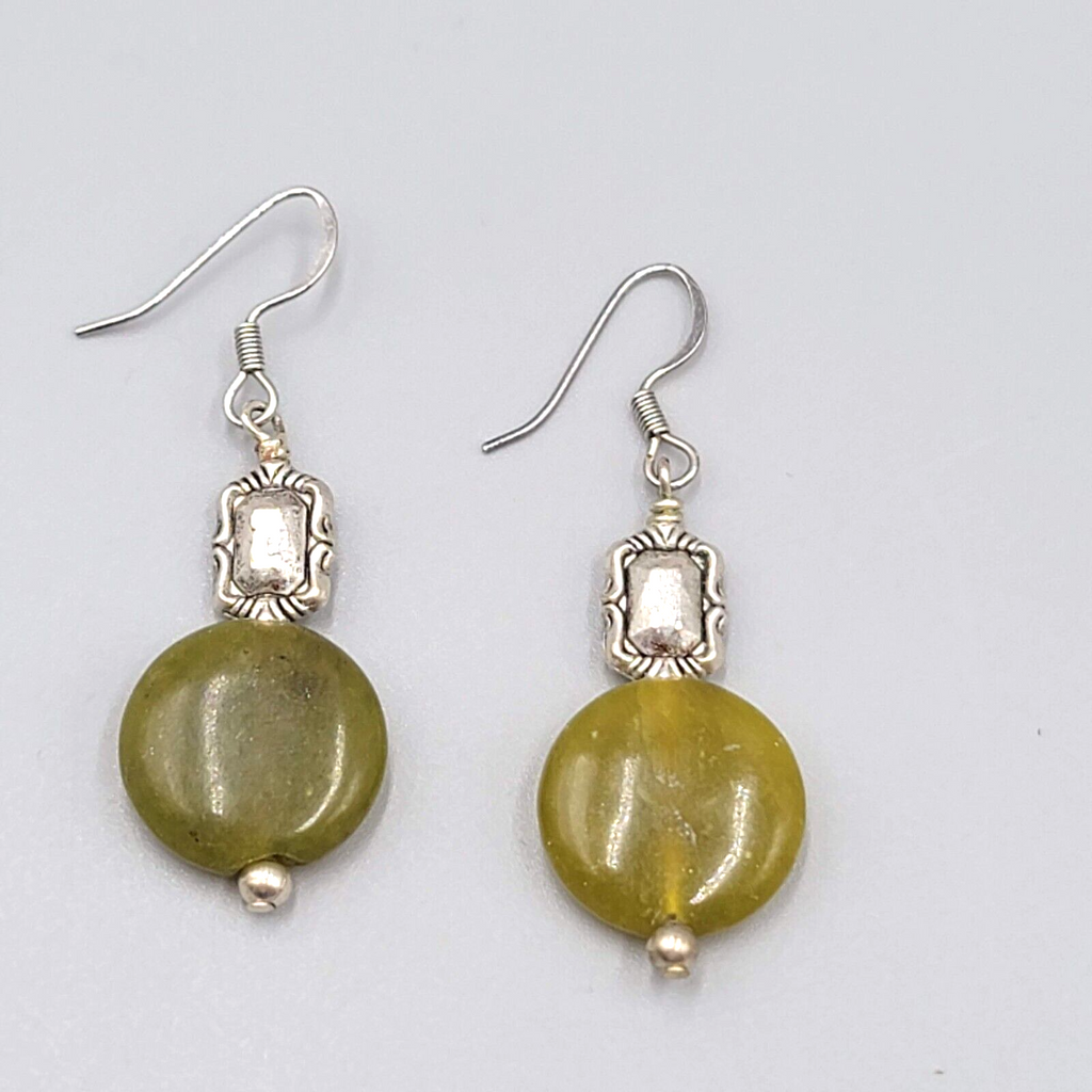 Round Green Stone Pierced Earrings Silver tone Dangle 1.25"
