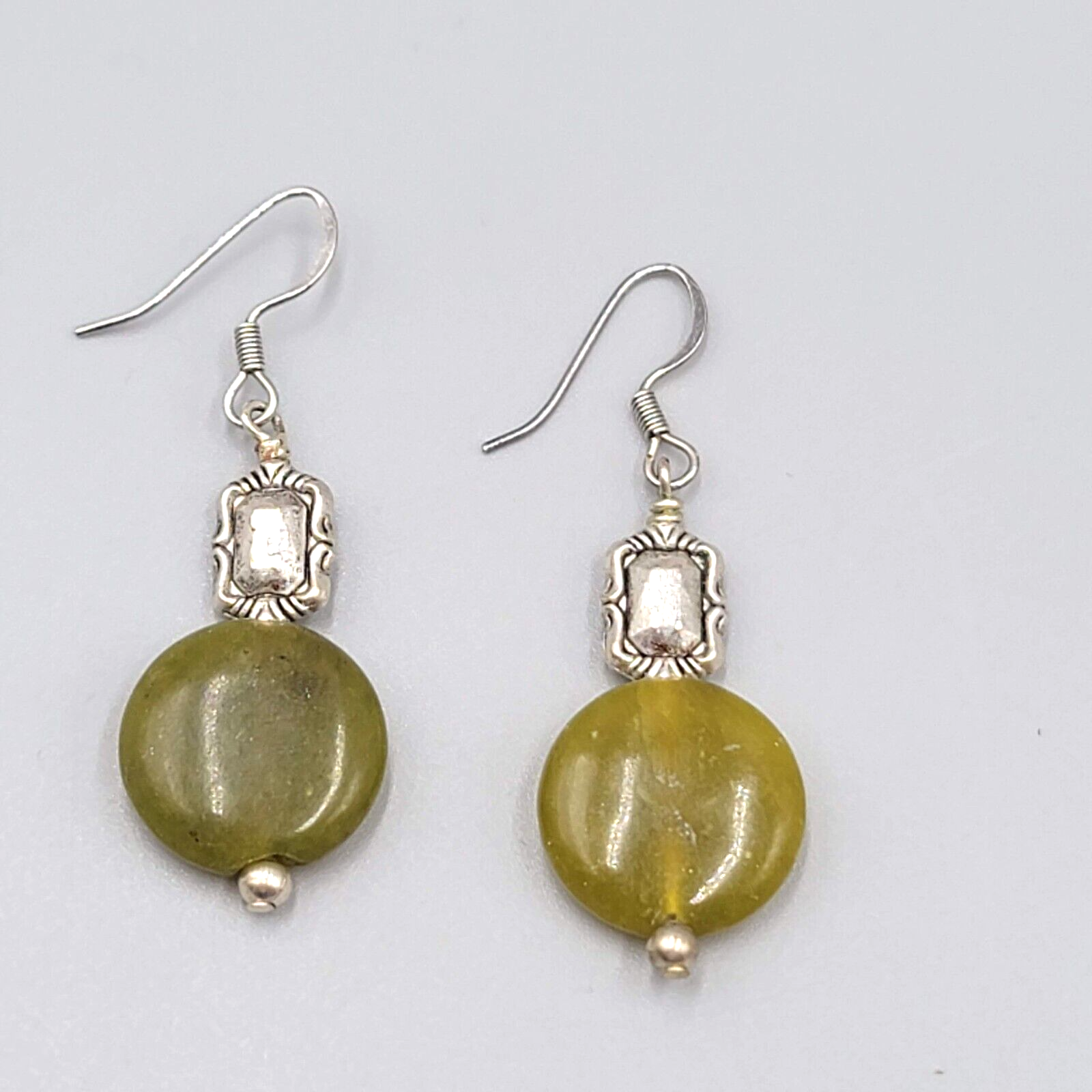 Round Green Stone Pierced Earrings Silver tone Dangle 1.25"