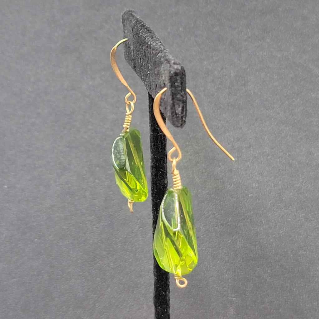 Pierced Earrings Copper tone Green Art Glass Faceted Bead 1.25"