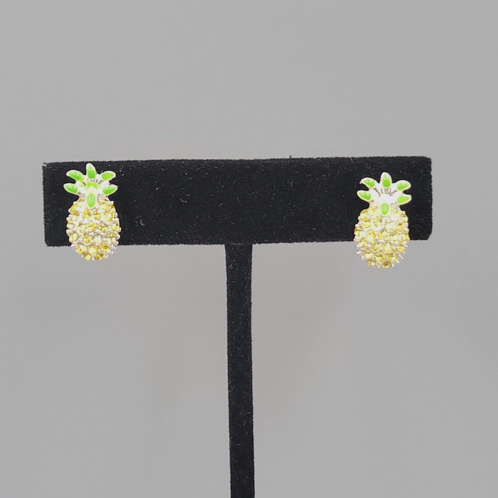 Pineapple Stud Clip on Earrings Yellow Rhinestone Green Enamel 5/8"