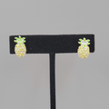 Pineapple Stud Clip on Earrings Yellow Rhinestone Green Enamel 5/8"