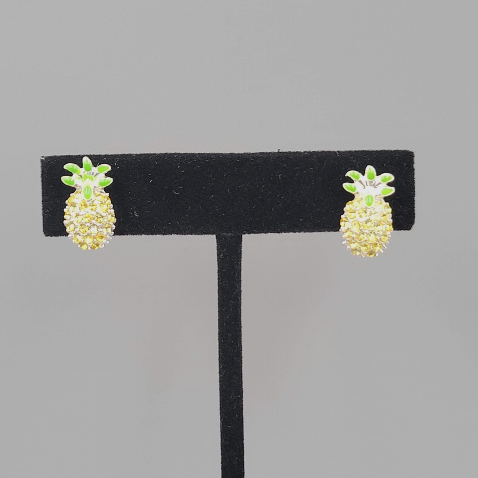 Pineapple Stud Clip on Earrings Yellow Rhinestone Green Enamel 5/8"