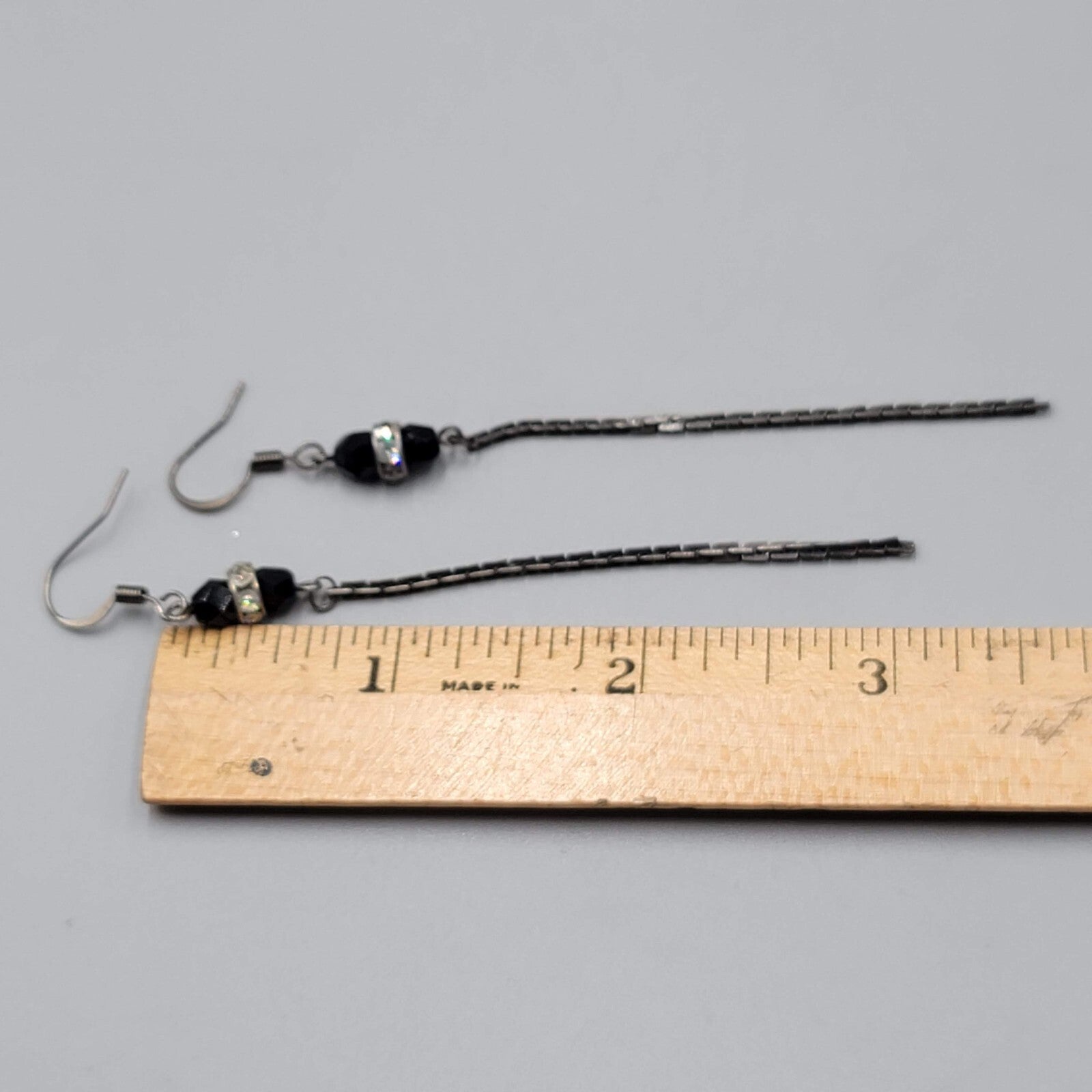 Black Metal Chain Pierced Earrings Rhinestone Bead Dangle 3"