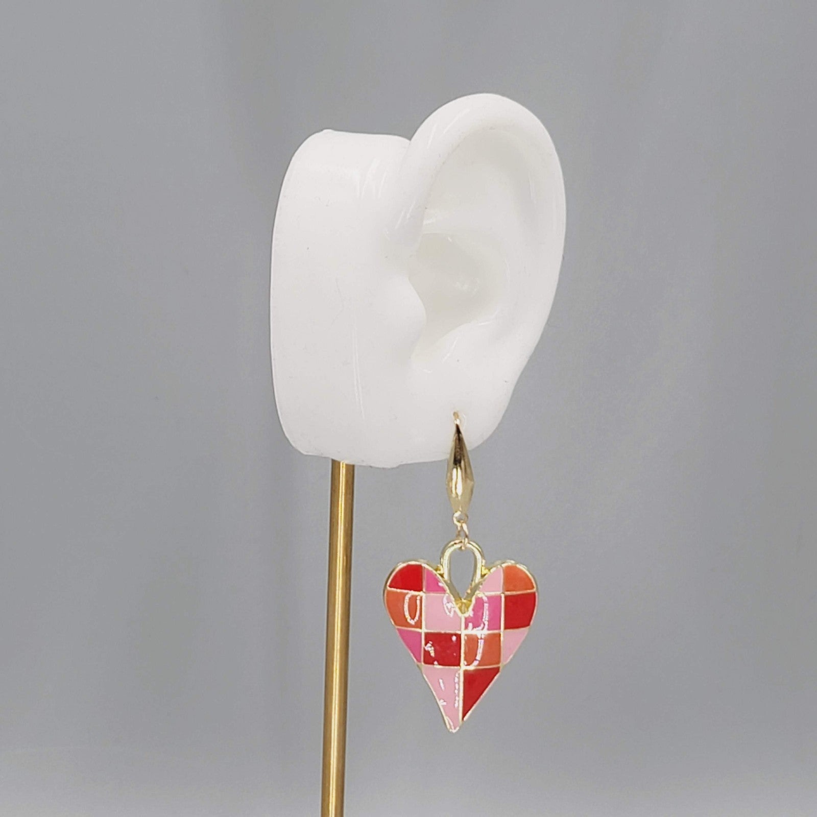 Pink Enamel Checkered Heart Pierced Earrings Gold tone Dangle Large 1.5"