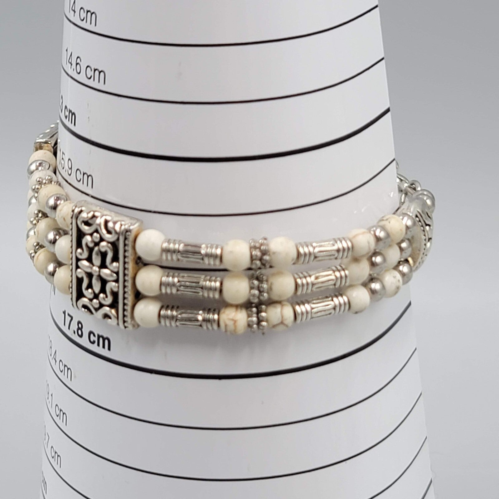 White Stone Bead Bracelet Triple Strand Silver tone Feather Charm 6.75"