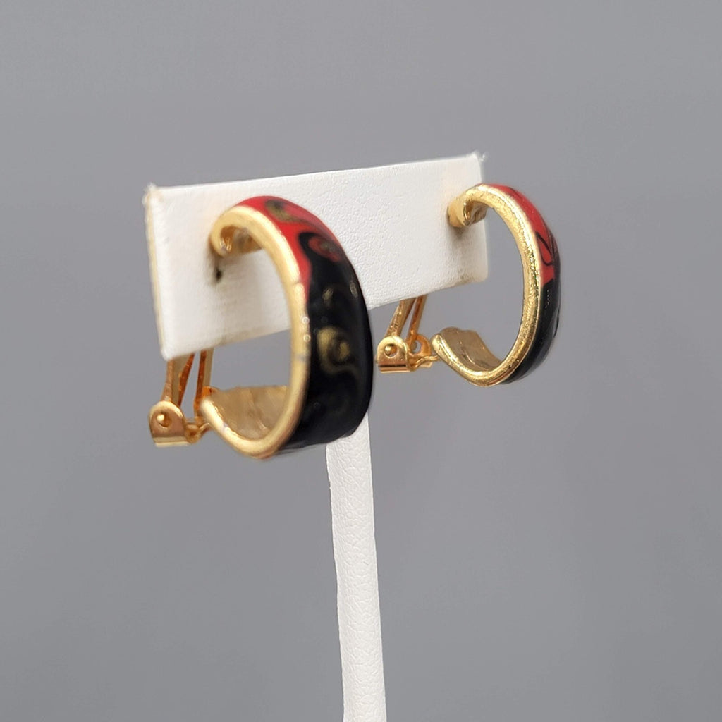 Vintage Clip on Earrings Red Black Enamel Half Hoop Gold tone 3/4"
