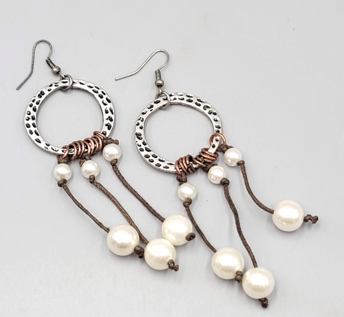 Boho Dangle Pierced Earrings Silver Tone Circle Faux Pearl Beads Gypsy 3"