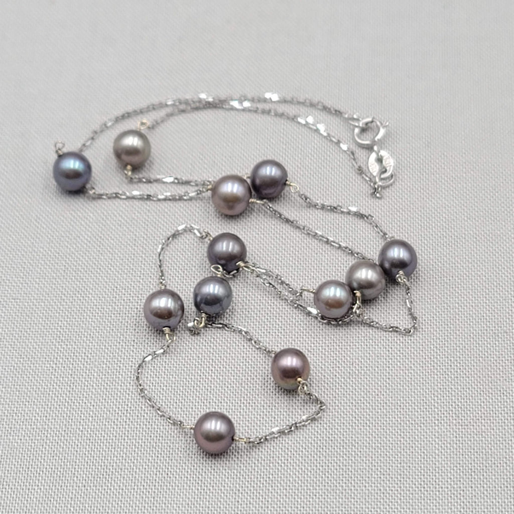 14K White Gold 5mm Tahitian Peacock Pearl Station Chain Necklace 17" long