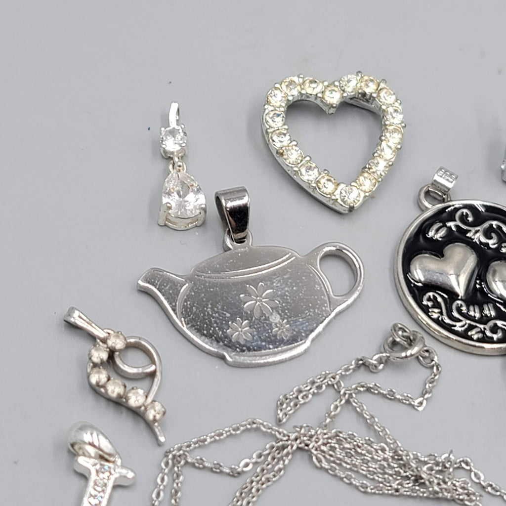 All Silver tone Pendant Lot of 16 Various Styles One Chain Included