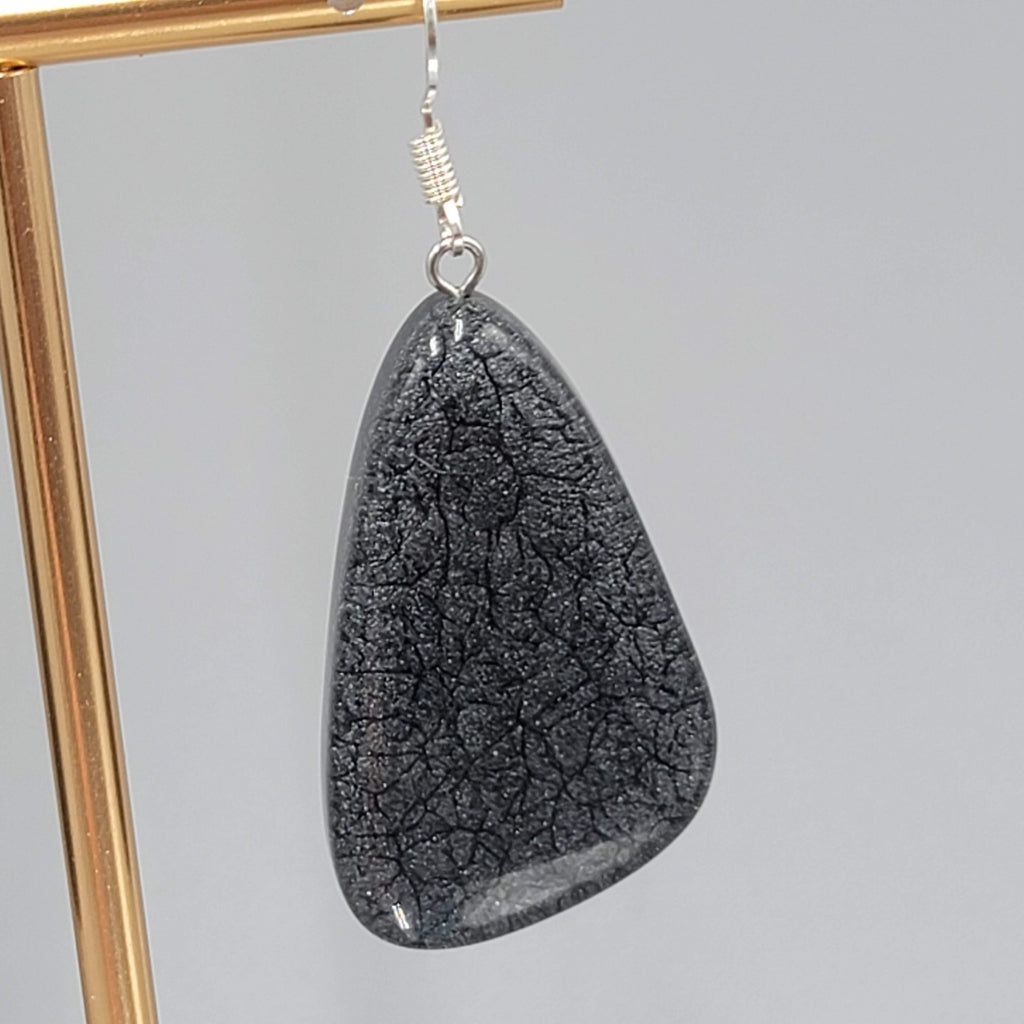 Black Swirl Resin Statement Dangle Pierced Earrings Silver tone 1.5"