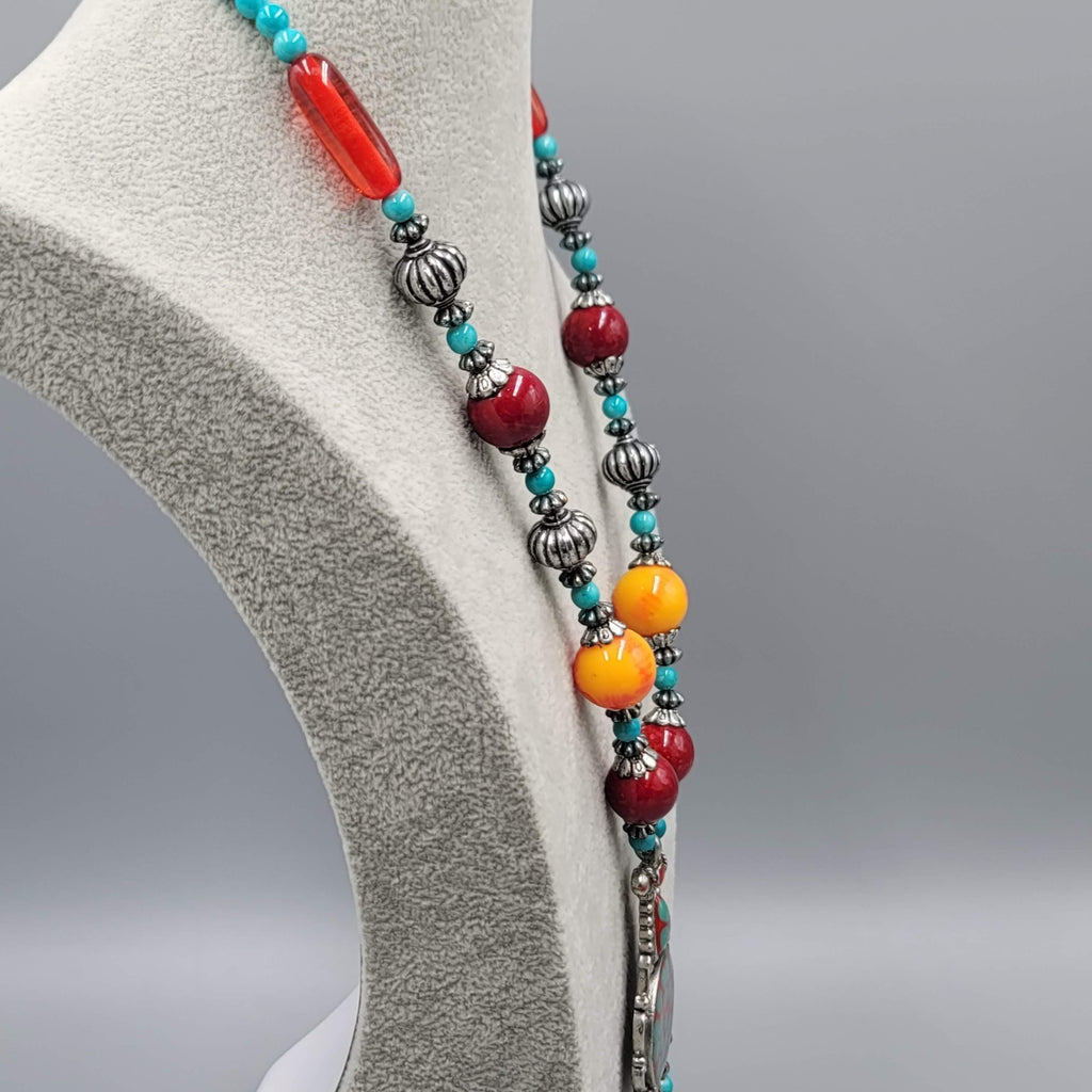 Statement Bead Necklace Red Yellow Blue Silver tone Unique Unusual 22"