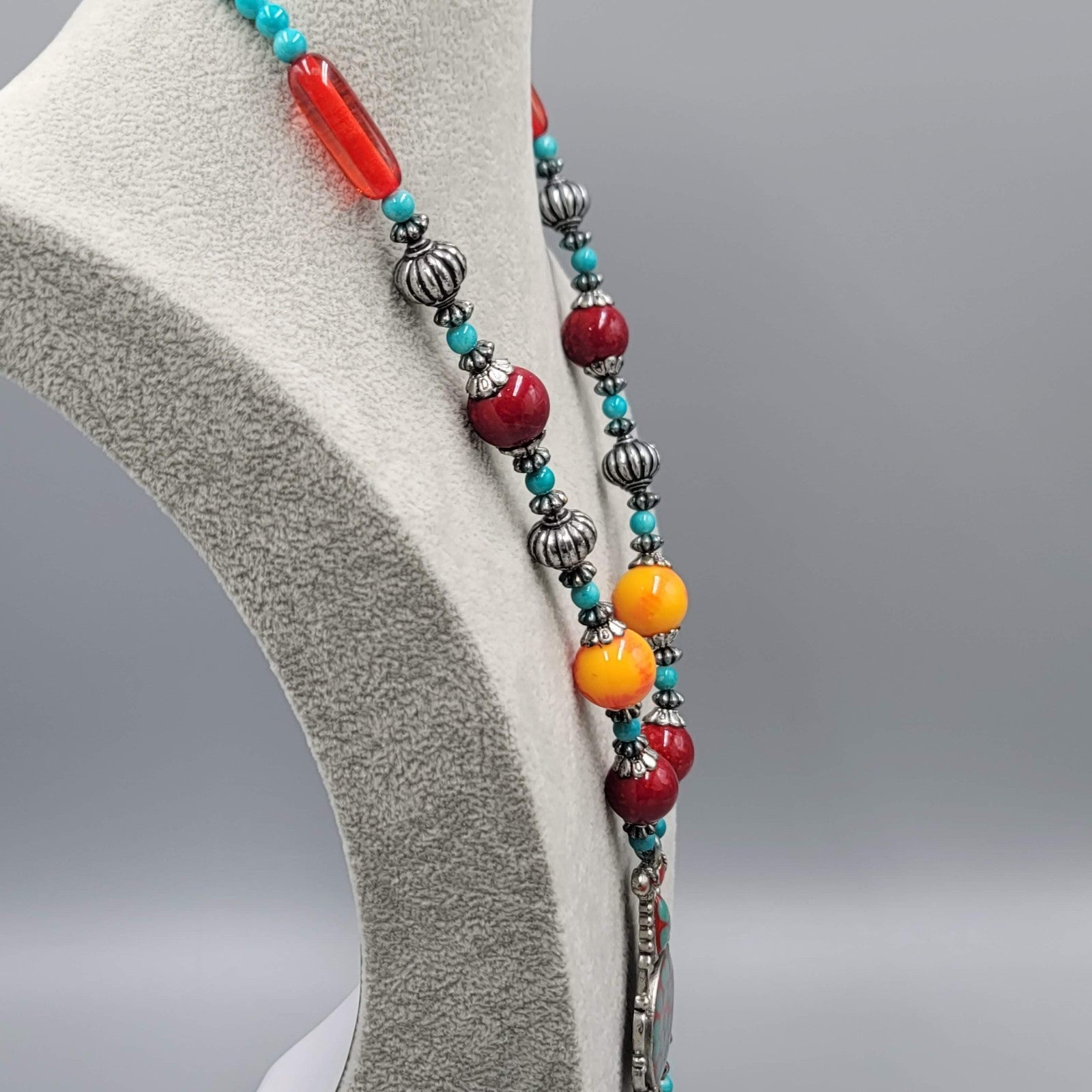Statement Bead Necklace Red Yellow Blue Silver tone Unique Unusual 22"