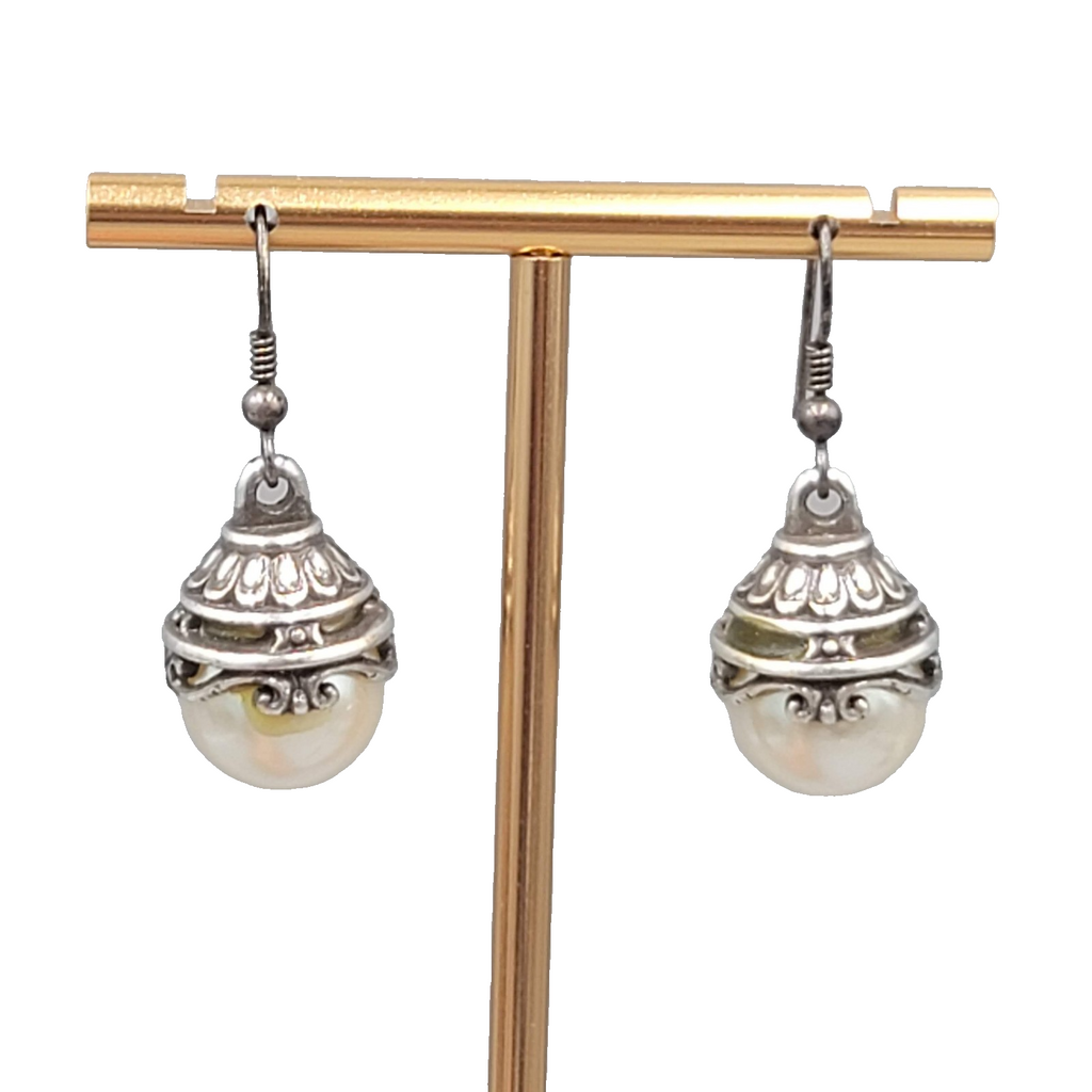 Oxidized Silver tone Faux Pearl Pierced Earrings Dangle 7/8"