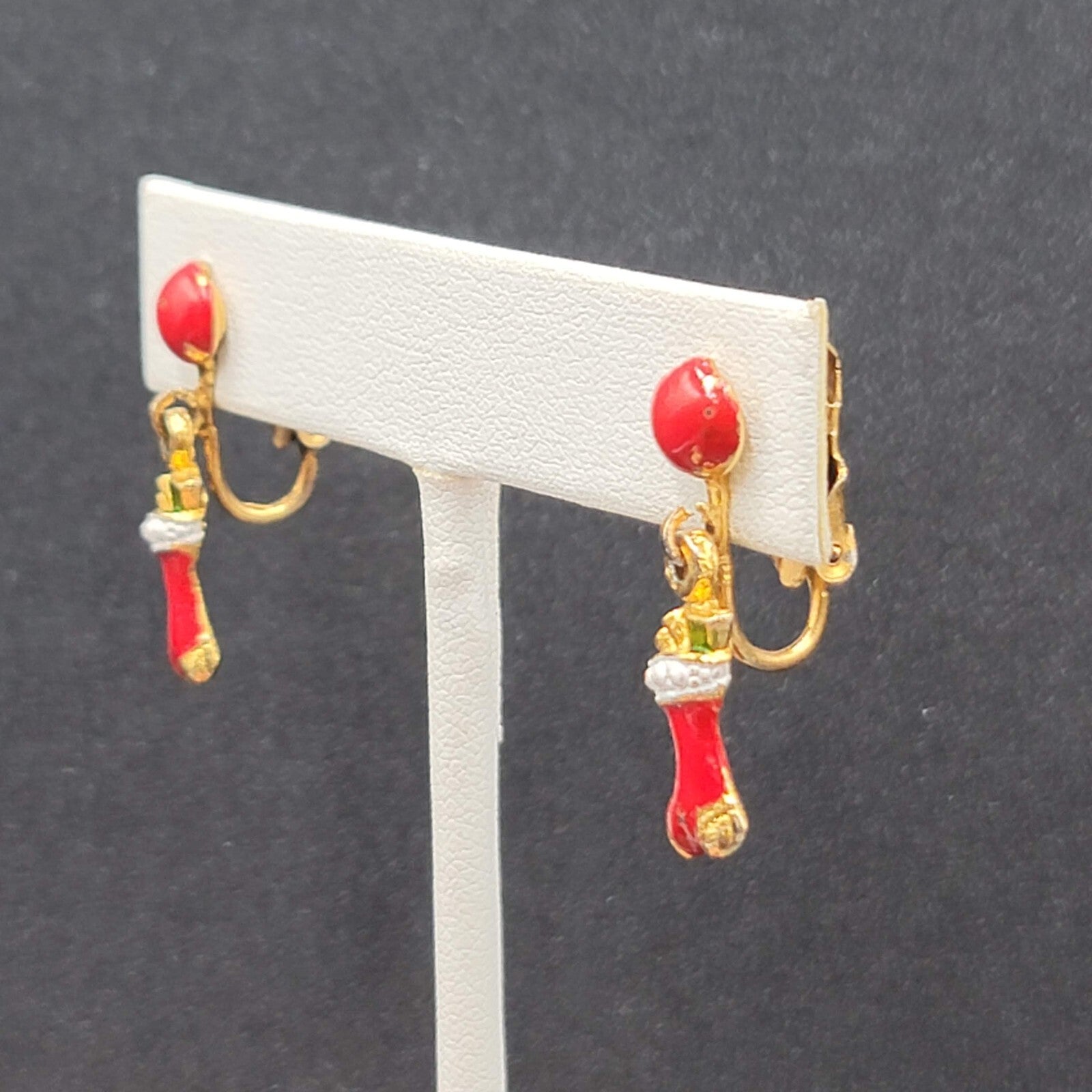 Vintage Christmas Clip on Earrings Gold tone Enamel Stocking Dangle 1"