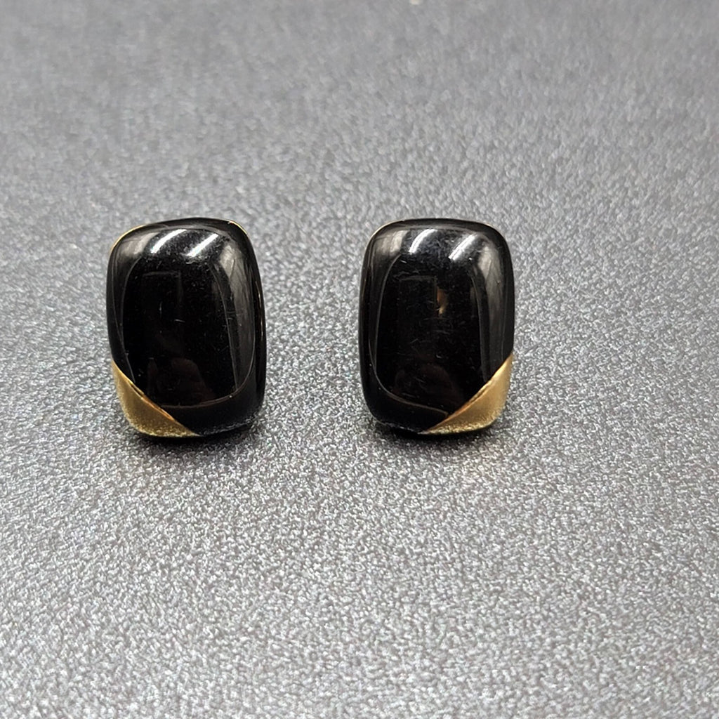Vintage Pierced Earrings Gold Plated Black Enamel Rectangle Studs 1/2"