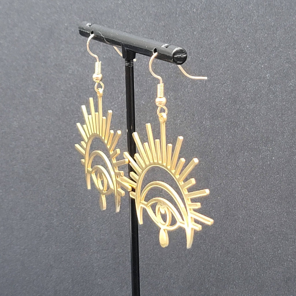 New Evil Eye Pierced Earrings Teardrop Gold Plated Statement Dangle 1 5/8"