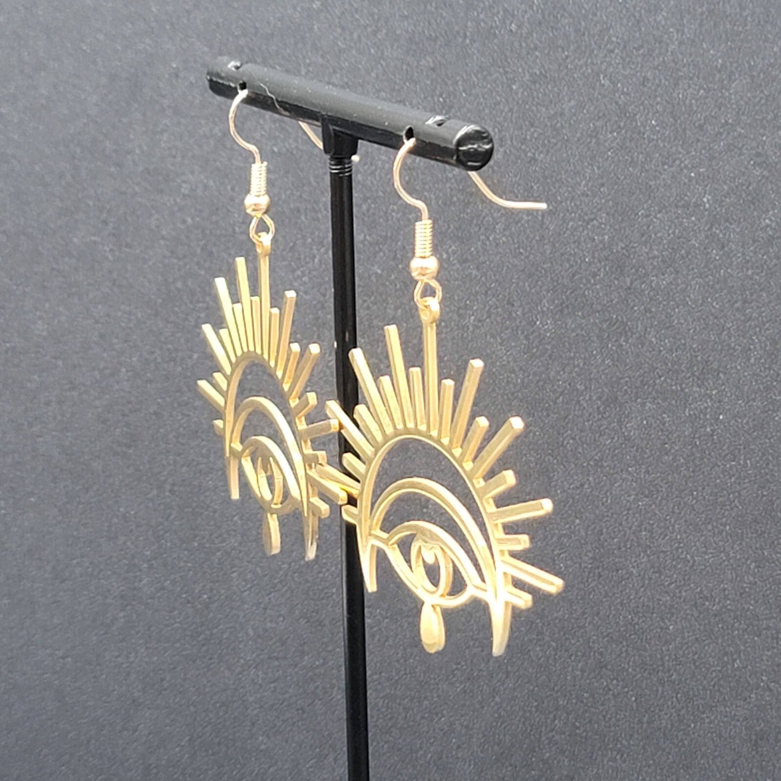 New Evil Eye Pierced Earrings Teardrop Gold Plated Statement Dangle 1 5/8"
