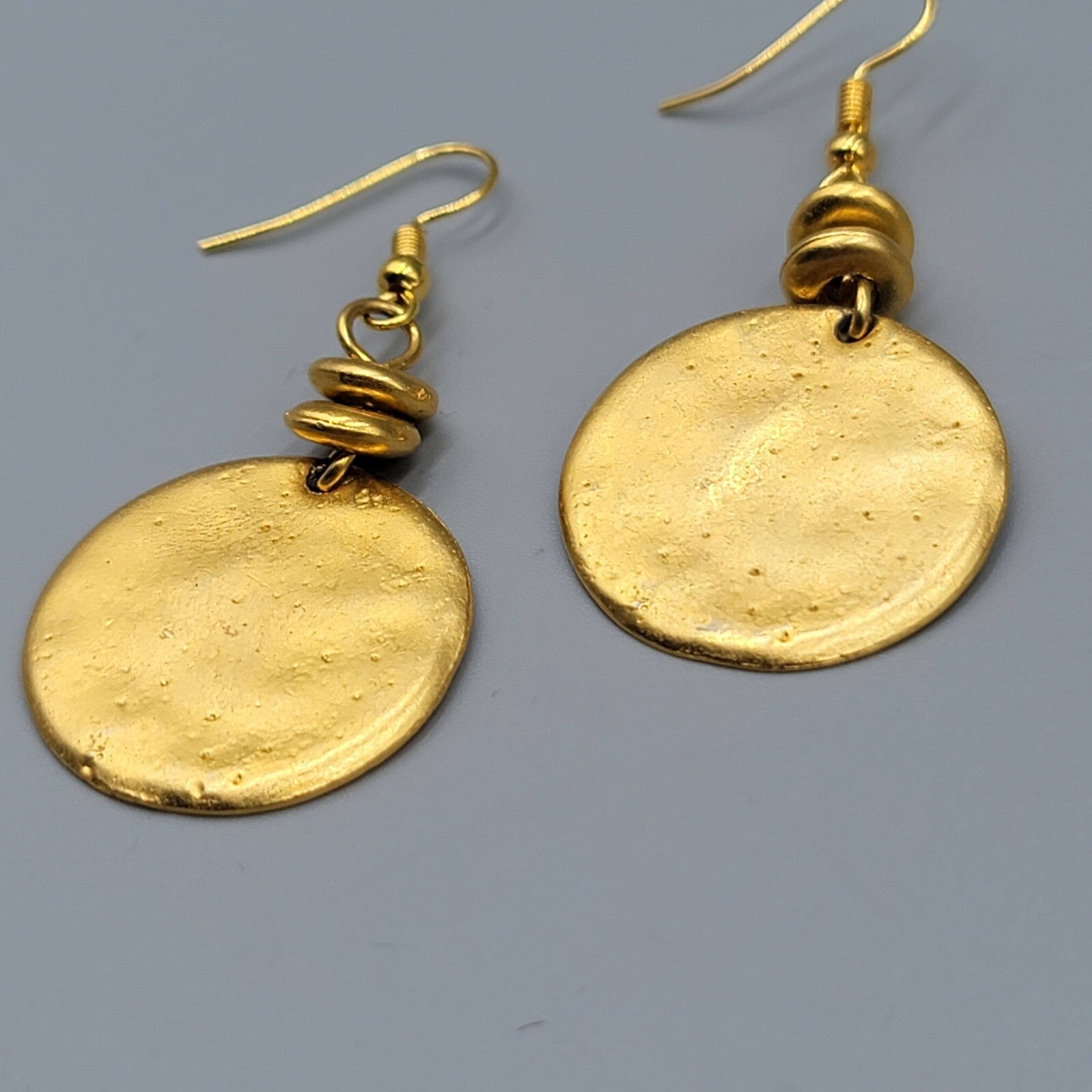Round Pierced Earrings Yellow Gold Plated Dangle 1.5"