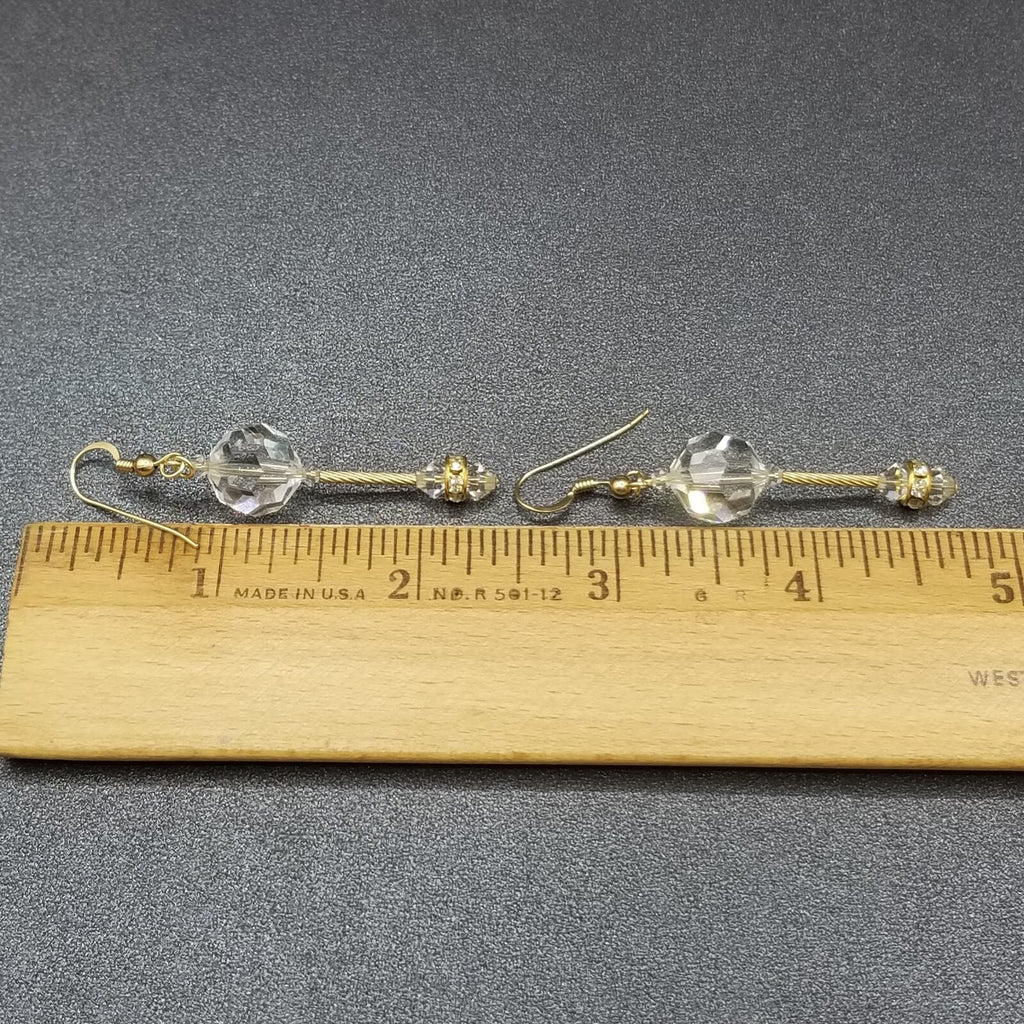 Pierced Earrings Gold tone Faceted Crystal Bead Statement Dangle 1 1/2". 4951
