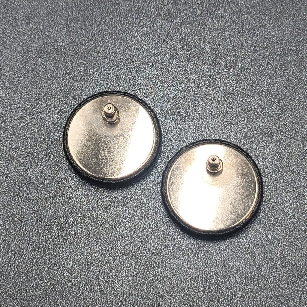 Vintage Pierced Earrings Faux Snake Skin Black Button Studs 1 1/8"