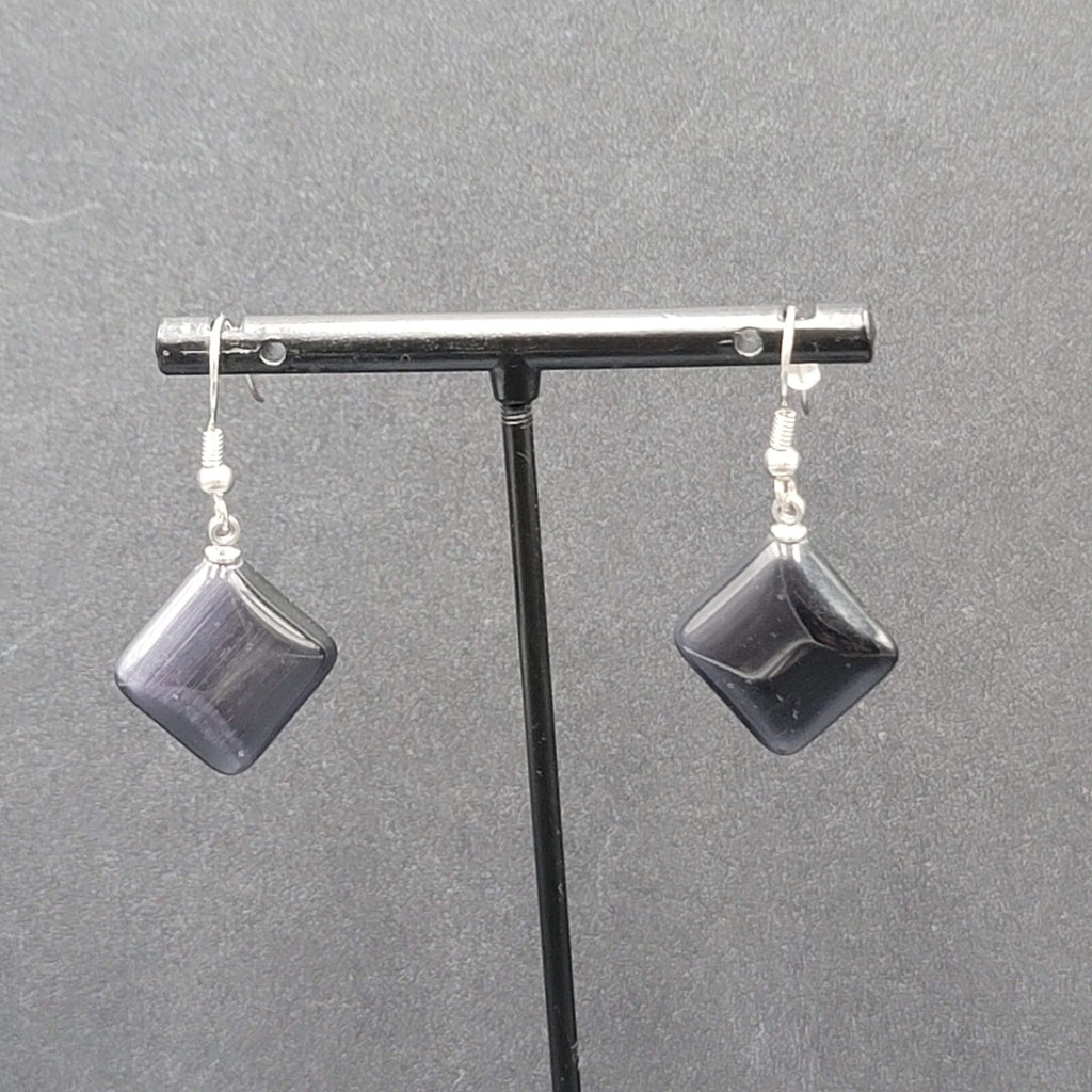 Pierced Earrings Purple Gray Stone Satin Finish Dangle Square Silver tone 3/4"