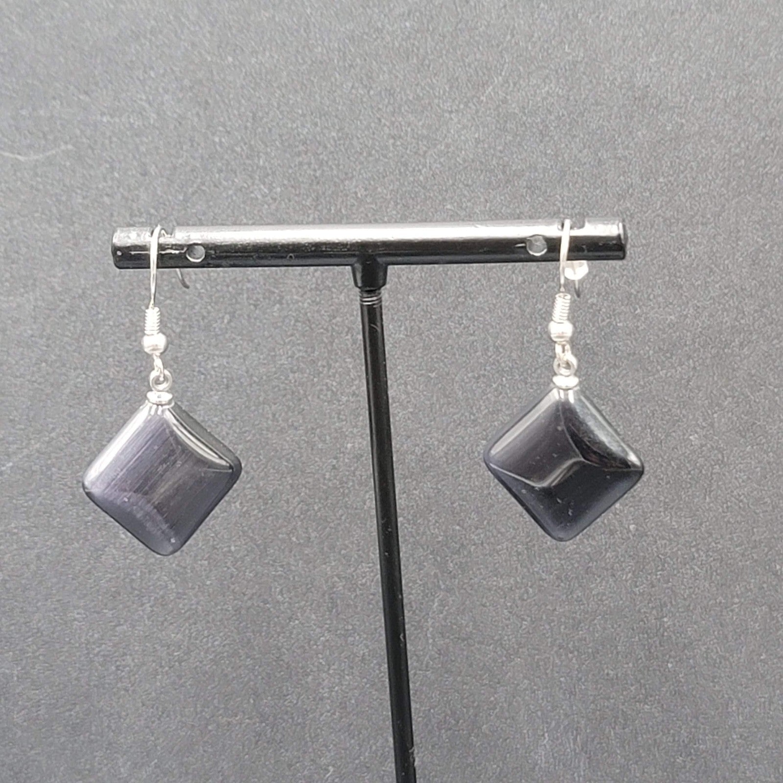 Pierced Earrings Purple Gray Stone Satin Finish Dangle Square Silver tone 3/4"