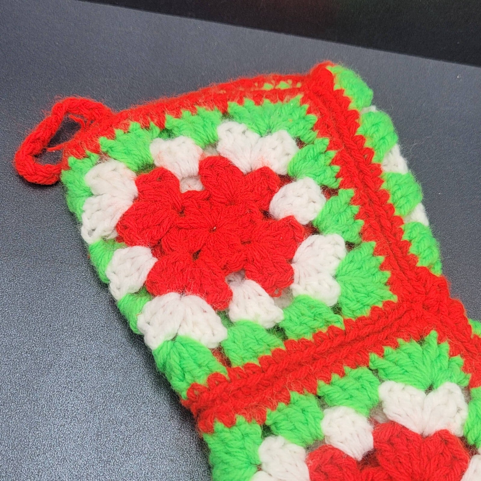 Handmade Crocheted Granny Square Red Green White Christmas Stocking 15"