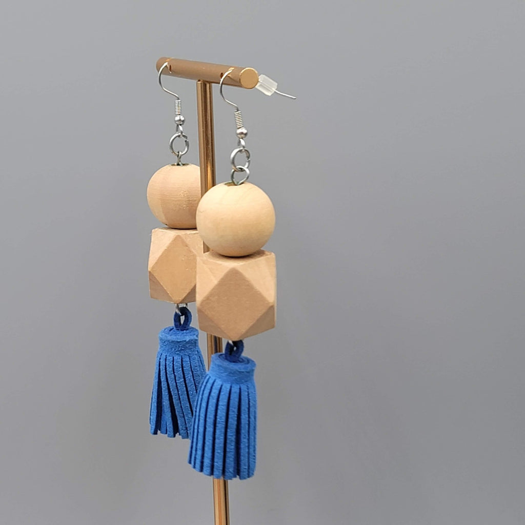 Statement Wood Bead Pierced Earrings Blue Tassel Boho Dangle Long Large 3.25"